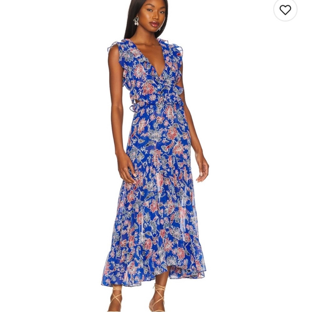 MISA Los Angeles Natasha Cut-Out Ruffled Midi-Dress - Blue- Sz XS